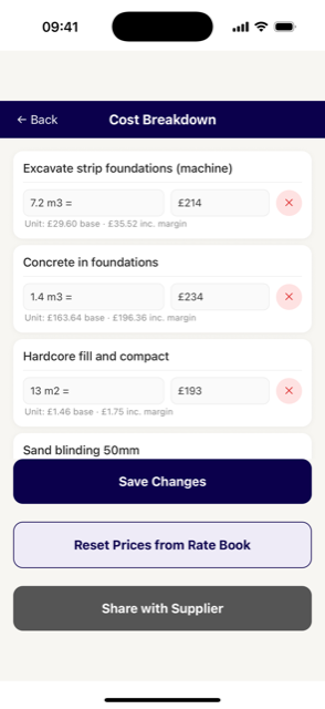The QSApp cost breakdown screen showing itemised quantities and rates, including excavation and concrete measured in cubic metres.