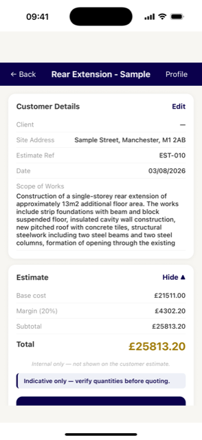 A QSApp estimate showing the scope of works, base cost, margin and total for a sample rear extension.